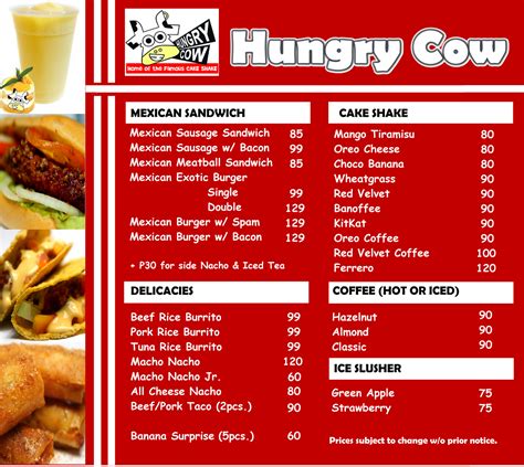 the hungry cow menu.